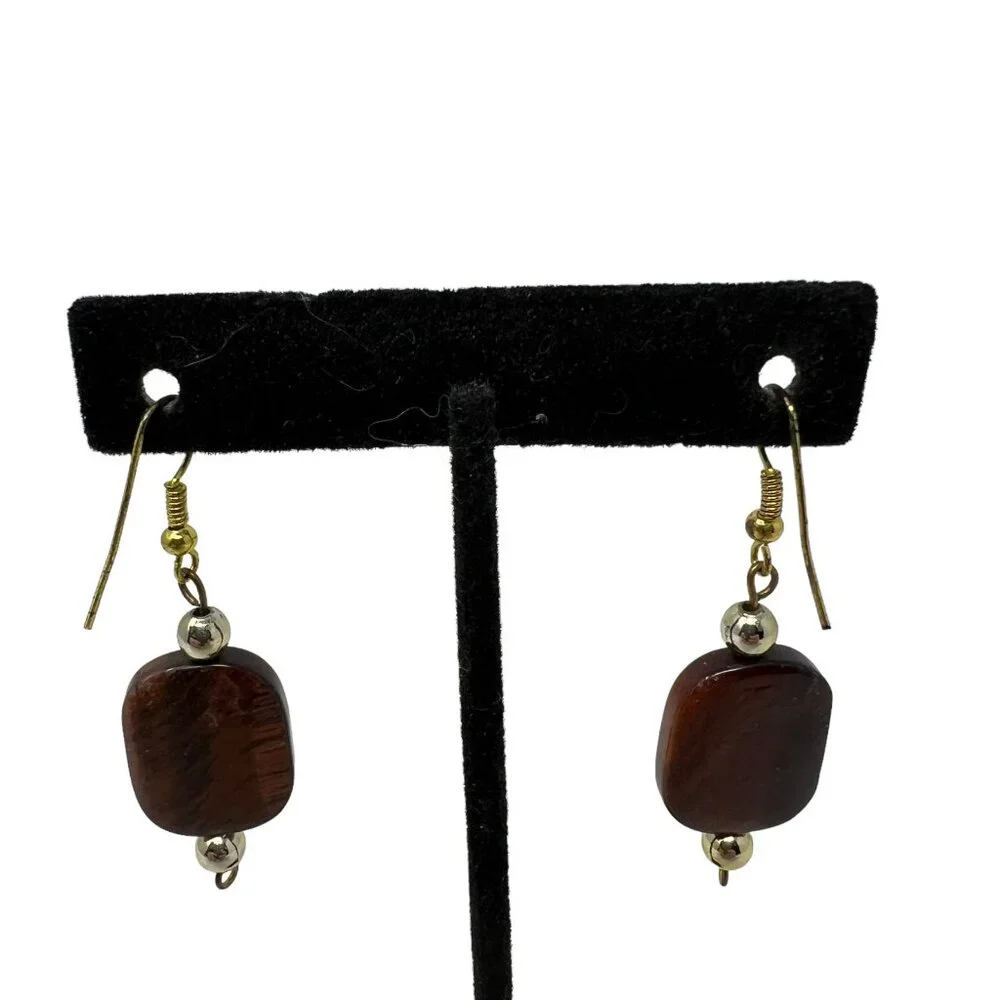 Faux Tiger Eye Drop Earrings Gold Tone‎ Wire Pierced 2 inches